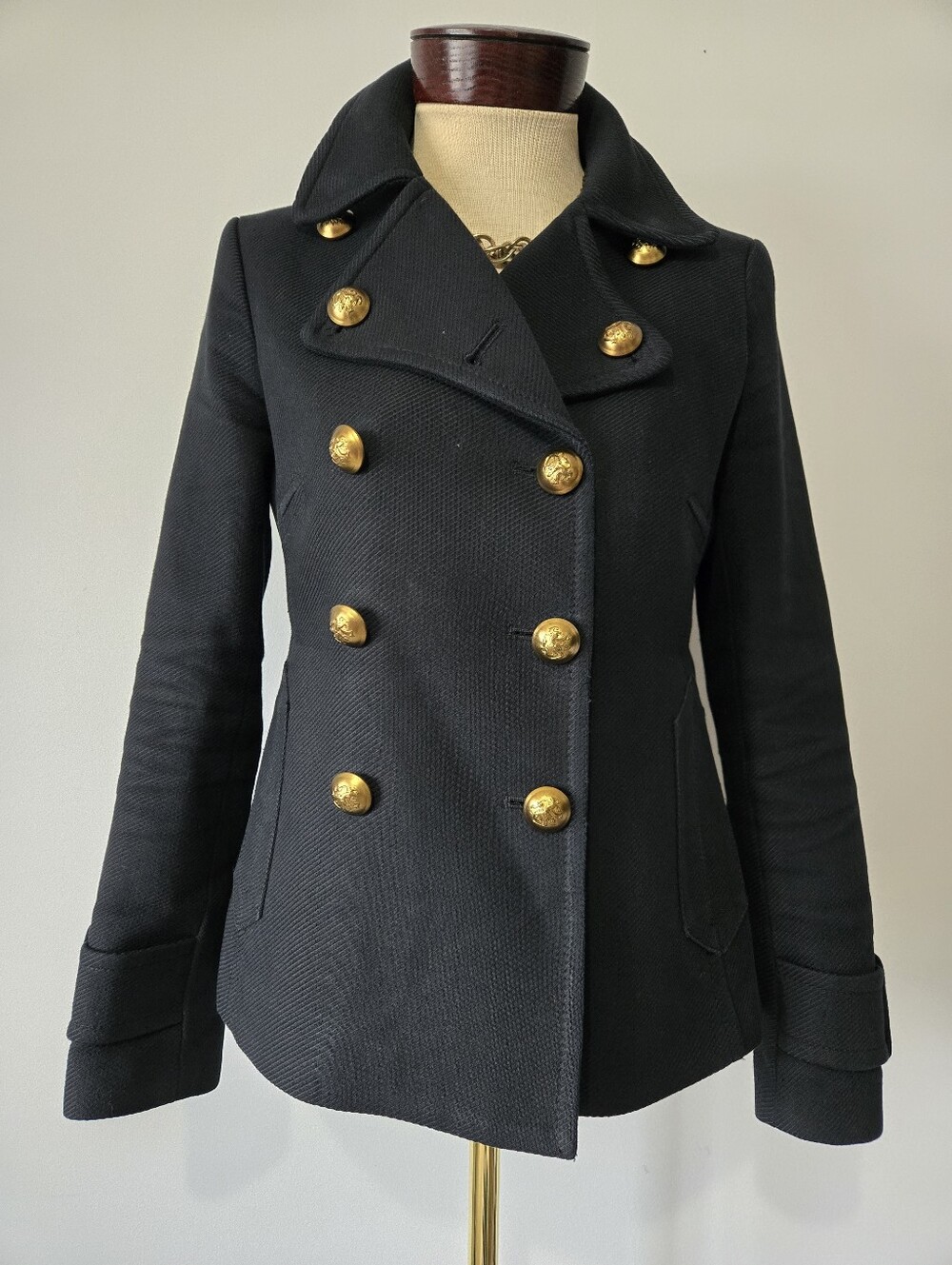 Banana Republic Midnight Navy Double-Breasted Pea Coat with Gold Buttons.
